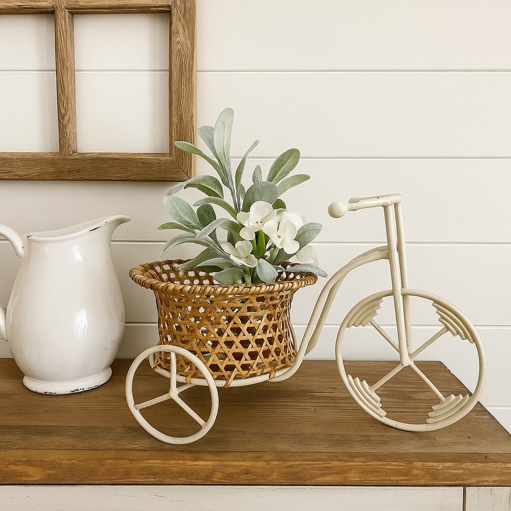🤖 136.‎ Rattan Wicker Basket Tricycle | Metal Frame Boho Rustic Farmhouse Decor